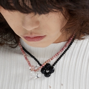 日韩风天然石串珠琉璃花朵项链小众设计黑玛瑙红纹石珠甜酷颈链女