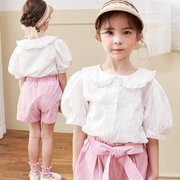 bebezoo韩国童装2022夏女童衬衫蕾丝荷叶领提花泡泡袖可爱娃娃衫