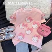女童短袖t恤纯棉夏季卡通洋气中小儿童，宝宝粉色可爱圆领上衣