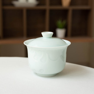 小土选物 半泥荷花 粉青釉薄胎陶瓷盖碗 浮雕青瓷泡茶碗二才杯