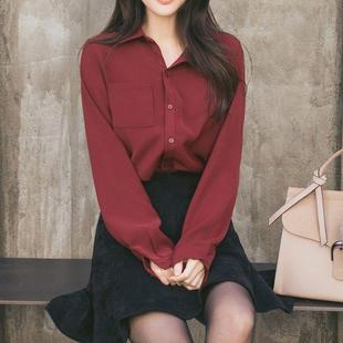 酒红色雪纺衬衫女黑加绒长袖保暖冬季韩版宽松长袖，加厚白色衬衣女
