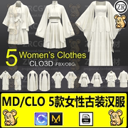 md服装模型古装汉服短裙长袖，魏晋风女装服饰，打板源文件clo3d素材
