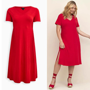 150斤250斤夏高个欧美大码女装通勤红色V领全棉长款开叉连衣裙P12