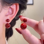 相思豆复古红色珍珠一款两戴耳钉气质时尚百搭个性独特秋冬耳饰女