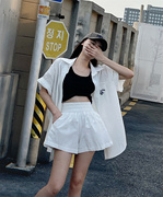 韩国东大门设计感宽松短袖，衬衫套装女时尚休闲a字阔腿短裤两件套