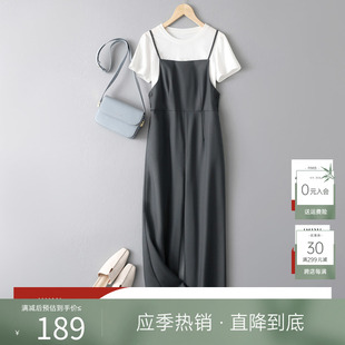 ihimi海谧100棉t恤背带裤裤子套装，女2024夏季上衣长裤两件套