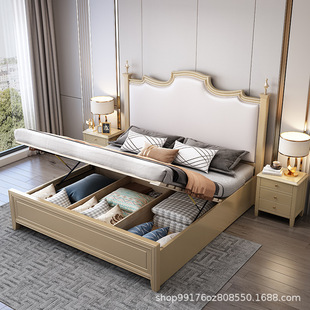 美式轻奢实木床现代简约皮床主卧1.5米双人床1.8米欧式软靠储物床