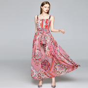欧洲站女夏季时尚走秀高端印花性感吊带长裙子修身气质长款连衣裙