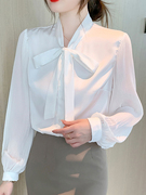 白色缎面衬衫女长袖2024年春季设计感褶皱小衫蝴蝶结减龄上衣