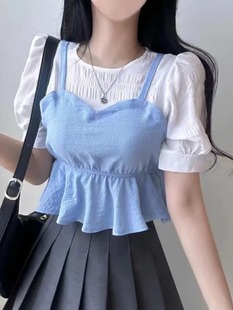 韩国chic夏季复古百搭圆领，网纱拼接假两件褶皱，感短袖荷叶边雪纺衫