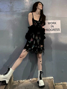 欧洲韩素希同款黑色亮片刺绣蕾丝吊带连衣裙设计短裙子女2024春夏