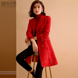 红色小香风外套女款2024气质，名媛显瘦中长款毛，呢大衣毛外套(毛外套)春季款