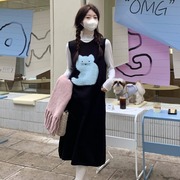 猫咪图案手绘针织背心连衣裙女2023秋冬季甜美可爱无袖连衣裙韩版