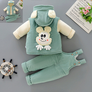 男女宝宝冬装婴儿棉衣三件套装，加厚0-1岁棉袄，棉服马甲背带裤冬季