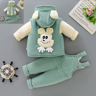 婴儿冬装棉衣三件套秋冬季0-2岁新生宝宝保暖加厚棉袄棉服背带裤