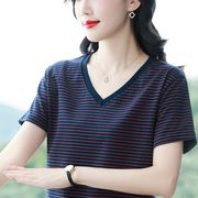 纯棉短袖t恤女装新款夏装大码条纹宽松上衣半袖体恤中年妈妈显瘦