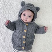 男女宝宝婴儿儿童秋冬季春装毛衣立体毛球连帽针织外套护肚裤套装