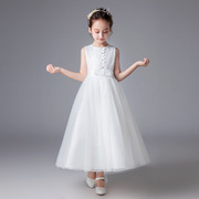 女童白色连衣裙钢琴演出服大童长款花童礼服公主裙主持人蓬蓬纱夏