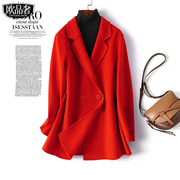 羊绒大衣女中长款西装领红色，气质羊毛妮子，春秋毛呢外套小个子