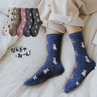 猫部杂货日系复古点点猫咪女生袜子可爱小猫，背影中筒袜堆堆袜