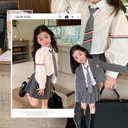 女童韩版洋气学院风衬衫+百搭短裙+小西装，外套三件套装
