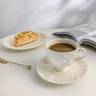出口法式复古玫瑰浮雕花纹杏白色陶瓷咖啡杯碟套装下午茶英式茶杯