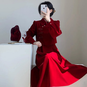 新中式国风改良旗袍秋冬时尚洋气高级感长袖红色丝绒连衣裙女