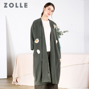 zolle因为七分袖毛呢外套，中长款民族风，刺绣大衣冬装2018