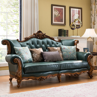 美式全实木真皮沙发，欧式轻奢沙发组合别墅，大户型奢华客厅家具整装