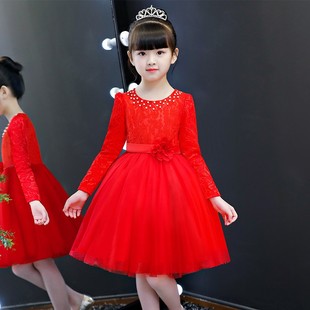 女童连衣裙秋装长袖小女孩洋气裙子，儿童装礼服蕾丝公主裙秋季红色