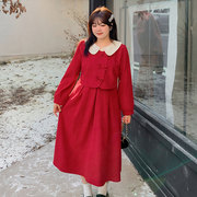 娃娃领连衣裙2023冬季220斤胖mm加大码甜美减龄显瘦红色A字裙