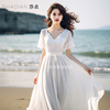 白色蕾丝短袖连衣裙V领长裙海边度假沙滩裙沙漠裙高端精致礼服裙