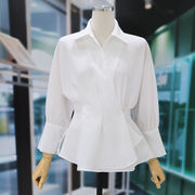 时尚减龄白色衬衫女2024春季气质职业装衬衫短款收腰长袖上衣