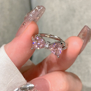 s925银戒指女粉钻蝴蝶结戒指女小众设计锆石素圈戒指开口食指指环