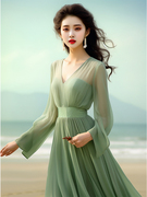 薄荷曼波风绿色连衣裙气质高端女神范高级感度假雪纺长裙春夏
