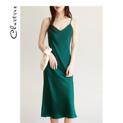 重磅真丝吊带裙高品质桑蚕丝，v领长裙墨绿色，吊带连衣裙女