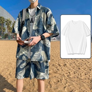 男士沙滩套装夏季碎花衬衫短裤三亚旅行潮流男装短袖海边度假衣服