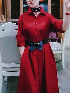 法式名媛酒红色衬衫连衣裙女2023秋季长袖收腰气质中长款裙子