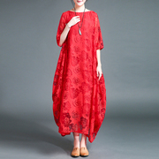 蕾丝连衣裙女春夏2024民族风长裙品牌，超仙气复古宽松红色袍子
