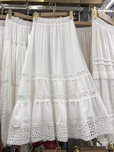 2024夏季小白裙法式甜美风松紧，腰镂空花边，设计a字大摆半身裙长裙