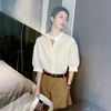 白色衬衫女夏款显瘦中袖立领职业，通勤宽松短袖设计感泡泡袖上衣