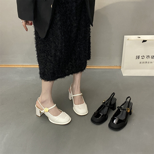 韩版2024春季6cm高跟鞋女粗跟百搭漆皮方头魔术贴一字带单鞋