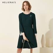 海兰丝长袖连衣裙女春季韩版修身绿色气质蕾丝拼接打底裙子