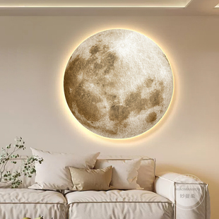 客厅轻奢圆形挂画玄关，高级感装饰画卧室床头，发光月球无框灯画壁画