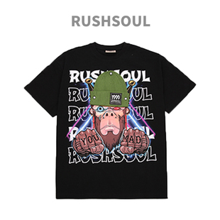 RUSHSOUL毡帽猩猩大印花圆领潮流休闲个性宽松男女短袖上衣t恤