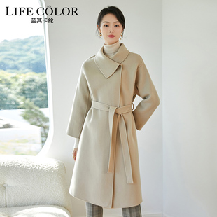 不规则高领小众韩版收腰系带双面，呢纯羊毛大衣，秋冬长款毛呢外套女