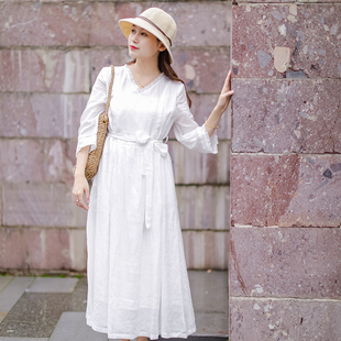 细苎麻夏季双层白色系带显瘦连衣裙V领减龄气质中袖田园纯色长裙