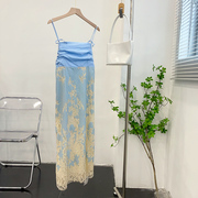 文艺复古拼接设计吊带连衣裙蓝色无袖，细网长裙时尚休闲洋气d$5
