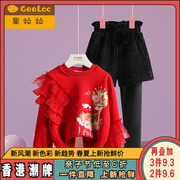 红色年服女童加绒卫衣，套装2023秋冬女宝宝，保暖裙裤短裤两件套
