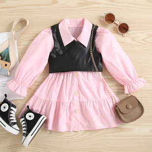 KIKOBABY跨境婴幼儿粉红+衬衫连衣裙+黑色PU皮马夹背心女婴童套装